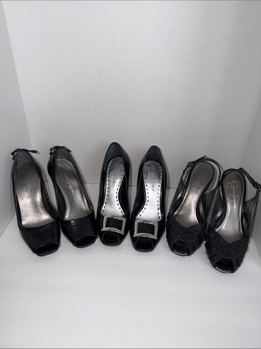3 Pairs Black Peep-Toe and Slingback Heels